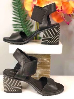 Sorel Nadia Black Striped Block Heel Sandals. New! Size 6
